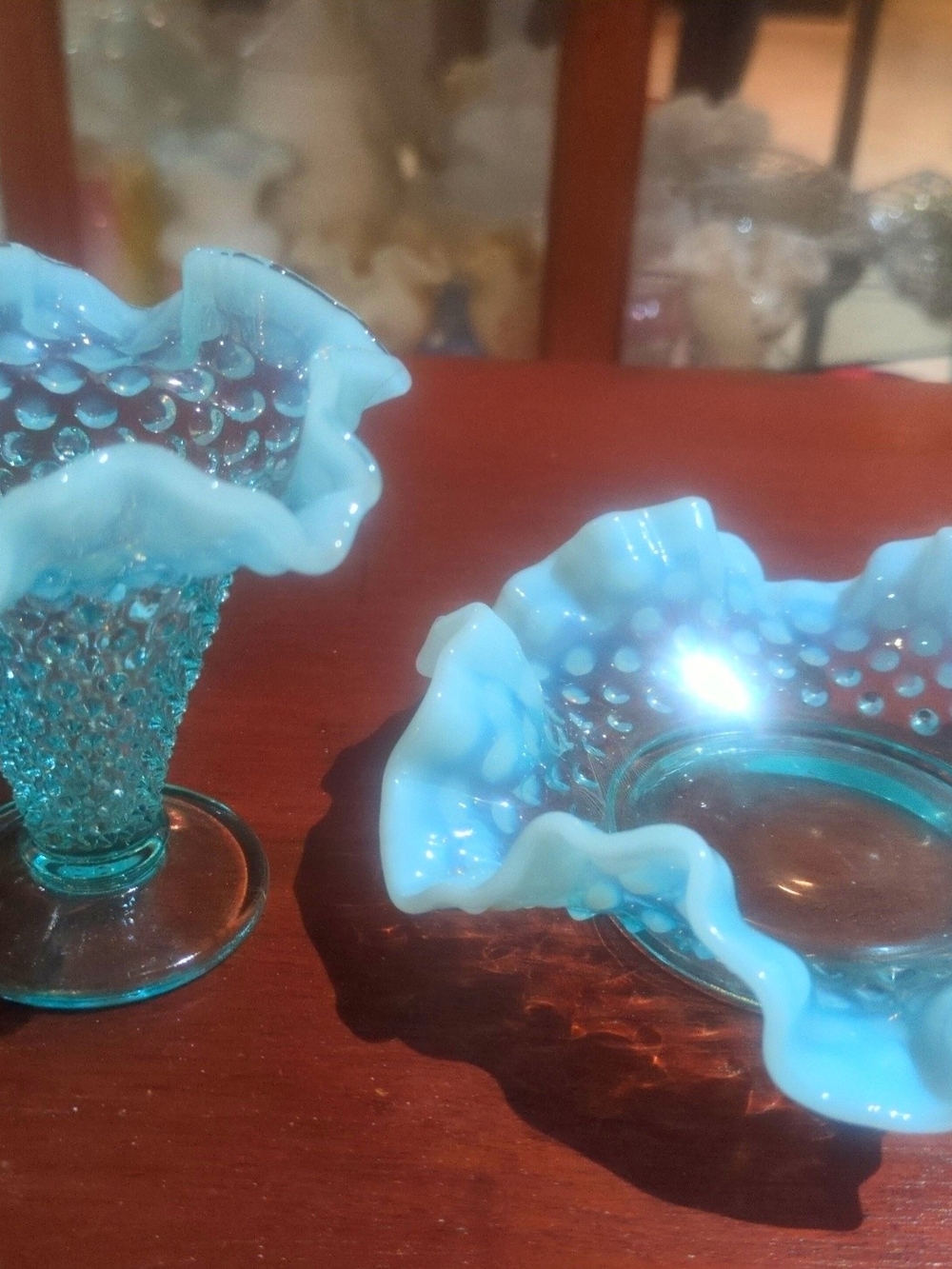 Vintage Blue Hobnail Ruffled Glass Vase & Bowl By Fenton